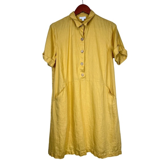 J.Jill Dresses & Skirts - J.Jill Love Linen Mustard Yellow Short Sleeve Button Front Shirt Dress Medium